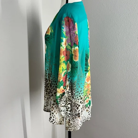 Soft Surroundings Tropical Floral & Animal Print Tunic Blouse Teal Multicolor - Picture 6 of 13